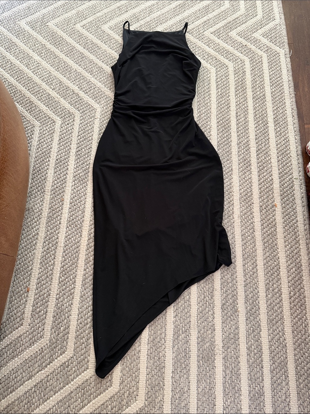 bebe Black Asymmetrical Slip Dress with Spaghetti Straps